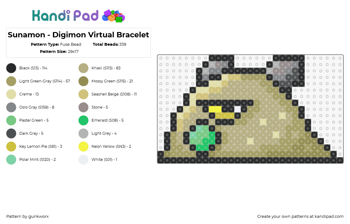 Sunamon - Digimon Virtual Bracelet - Fuse Bead Pattern by gunkworx on Kandi Pad - sunamon,digimon,character,gaming,beige,gray