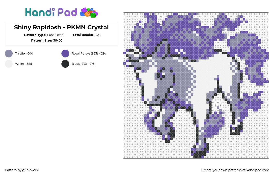 Shiny Rapidash - PKMN Crystal - Fuse Bead Pattern by gunkworx on Kandi Pad - rapidash,pokemon,character,gaming,evolution,ponyta,horse,unicorn,fiery,purple,gray,white