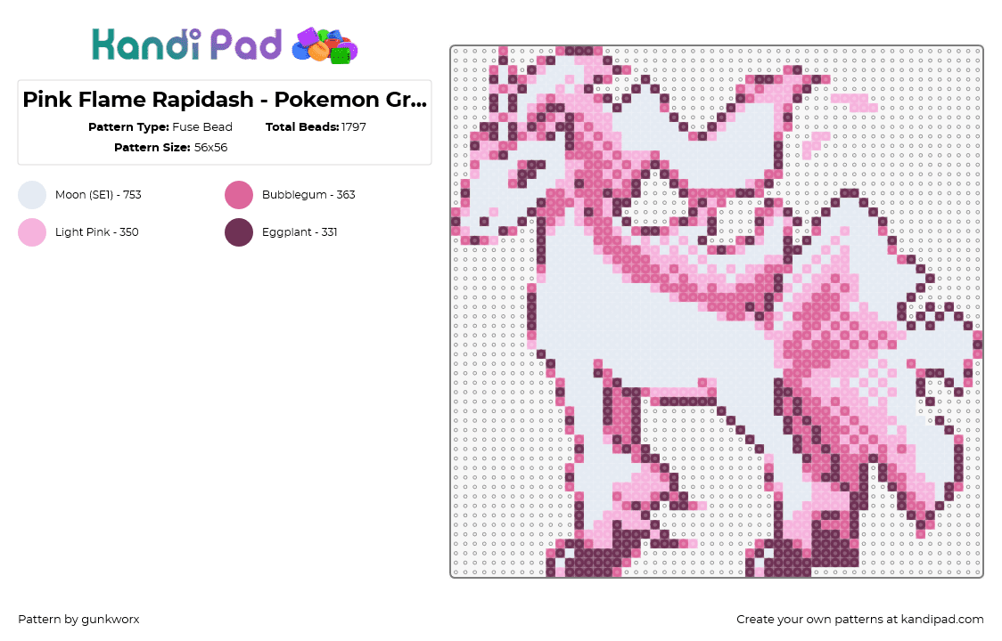 Pink Flame Rapidash - Pokemon Green Sprite - Fuse Bead Pattern by gunkworx on Kandi Pad - rapidash,pokemon,horse,unicorn,classic,retro,gaming,pink,white