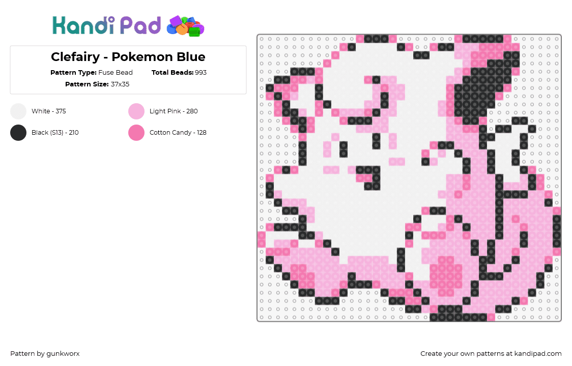 Clefairy - Pokemon Blue - Fuse Bead Pattern by gunkworx on Kandi Pad - clefairy,pokemon,character,gaming,cute,pink,white