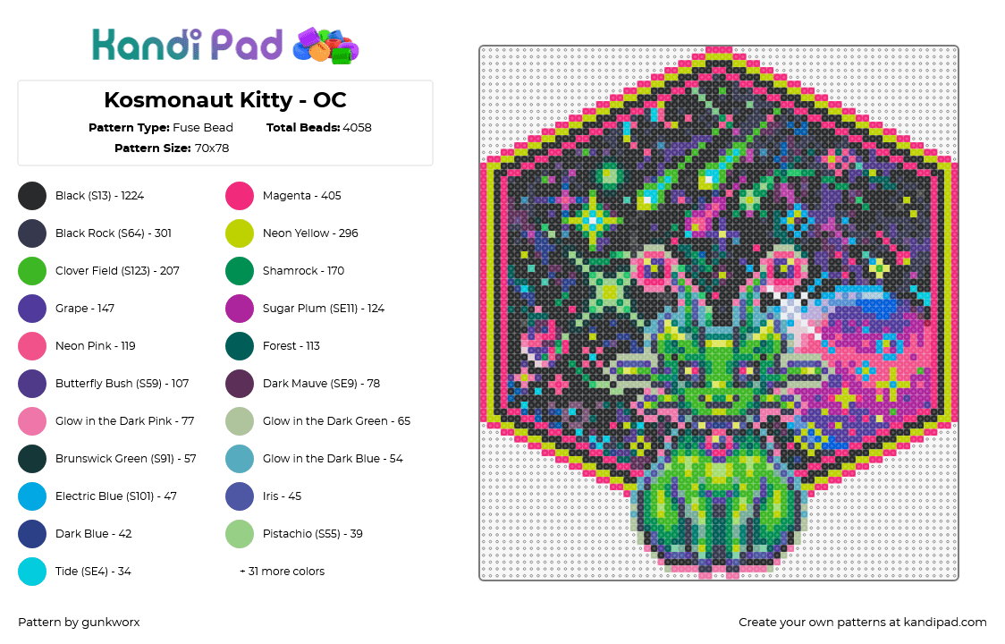 Kosmonaut Kitty - OC - Fuse Bead Pattern by gunkworx on Kandi Pad - galaxy,space,cat,alien,extraterrestrial,cute,colorful,neon,dark,green,pink