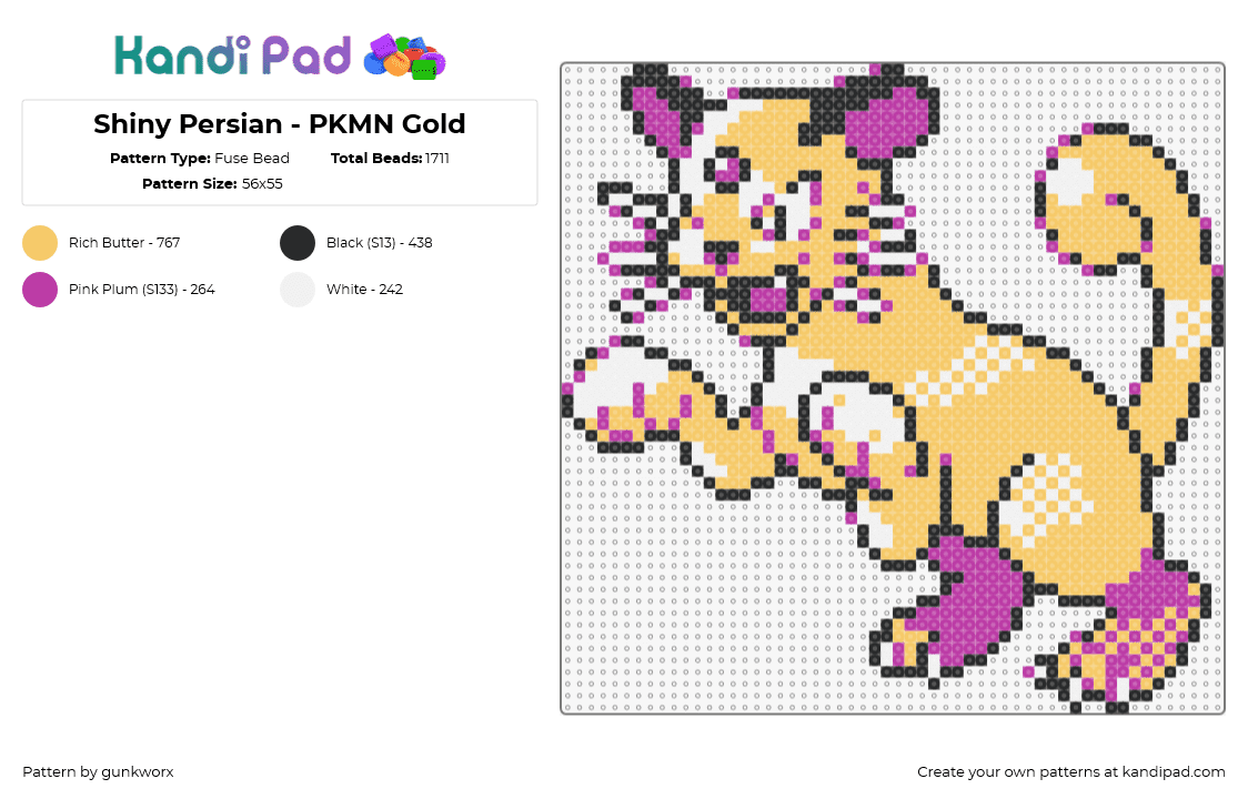 Shiny Persian - PKMN Gold - Fuse Bead Pattern by gunkworx on Kandi Pad - persian,pokemon,character,gaming,cat,evolution,meowth,orange,pink