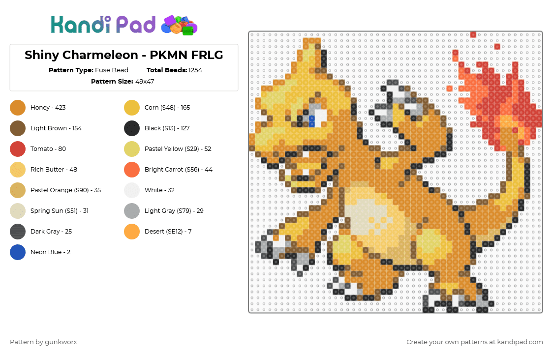 Shiny Charmeleon - PKMN FRLG - Fuse Bead Pattern by gunkworx on Kandi Pad - video game,anime,gaming,pokemon,orange,tan,yellow,charmeleon,fire,gold