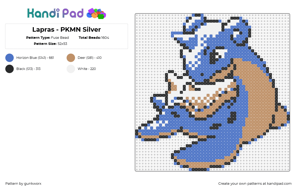 Lapras - PKMN Silver - Fuse Bead Pattern by gunkworx on Kandi Pad - lapras,pokemon,gaming,character,blue,brown