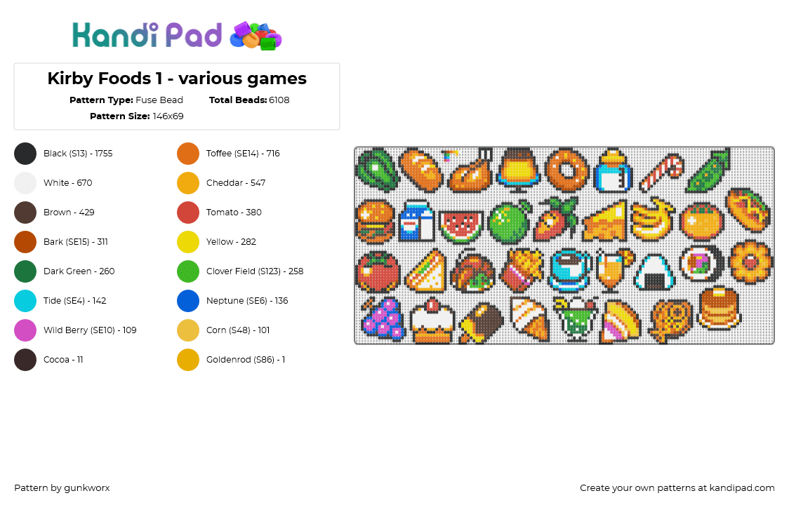 Kirby Foods 1 - various games - Fuse Bead Pattern by gunkworx on Kandi Pad - food,kirby,items,icons,nintendo,video game,colorful,yellow,green,orange