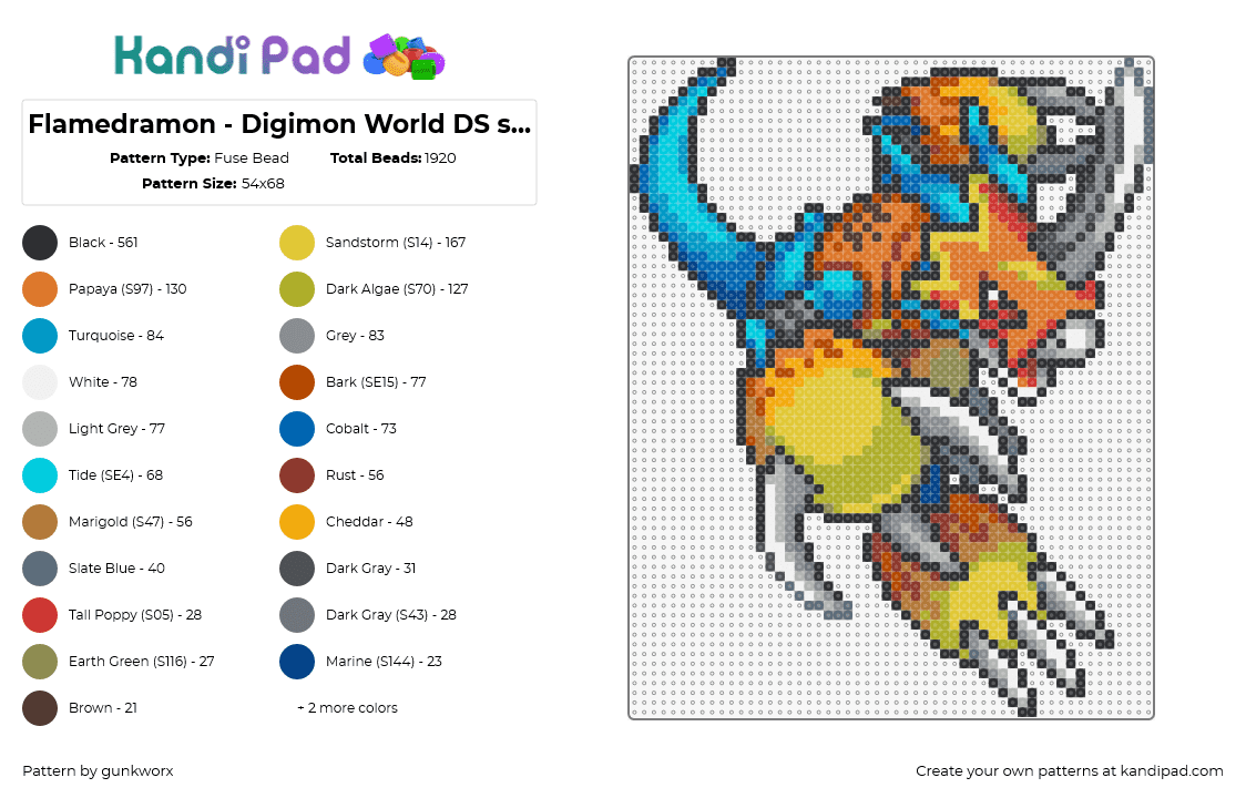 Flamedramon - Digimon World DS sprite (v2) - Fuse Bead Pattern by gunkworx on Kandi Pad - flamedramon,digimon,character,gaming,claws,armor,teal,orange,yellow