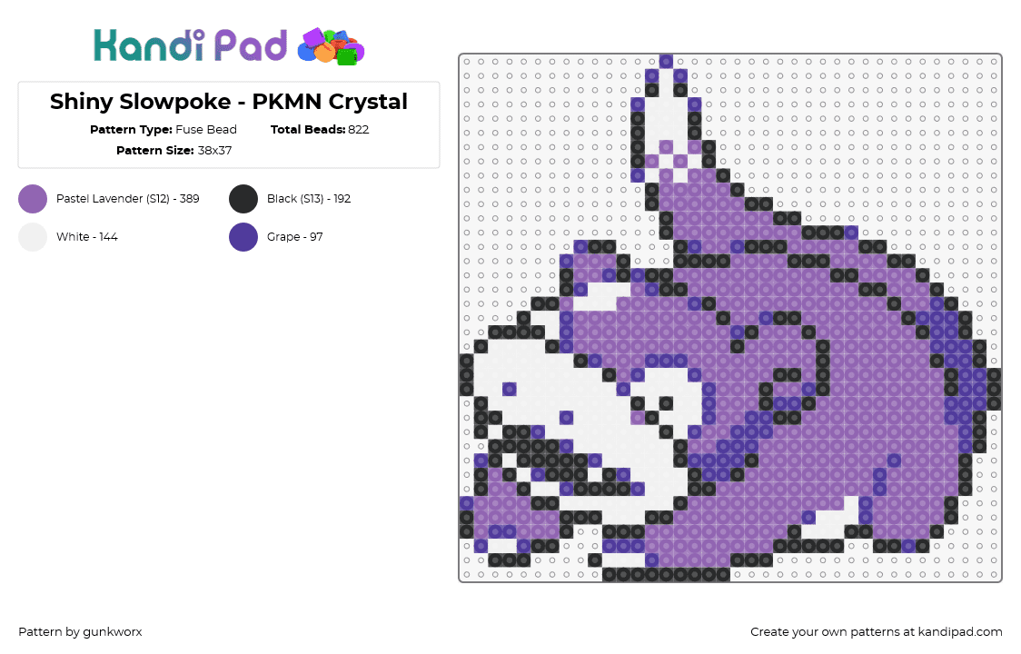 Shiny Slowpoke - PKMN Crystal - Fuse Bead Pattern by gunkworx on Kandi Pad - slowpoke,pokemon,character,gaming,purple,white