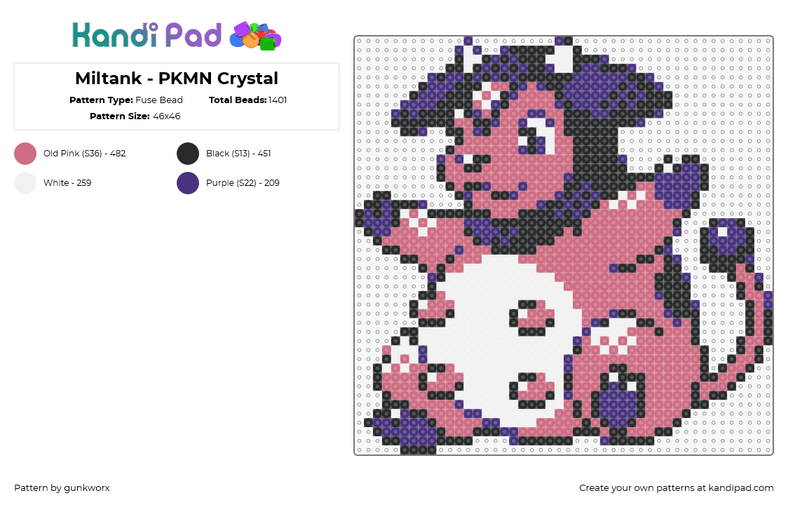 Miltank - PKMN Crystal - Fuse Bead Pattern by gunkworx on Kandi Pad - miltank,pokemon,character,gaming,cow,pink,purple