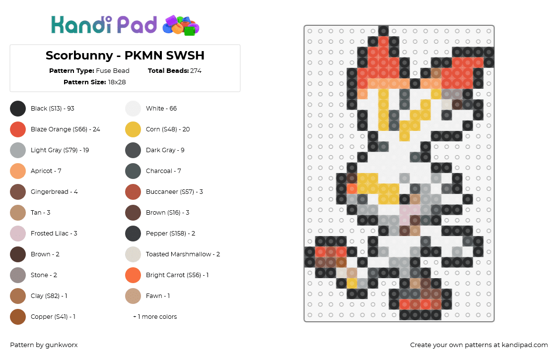 Scorbunny - PKMN SWSH - Fuse Bead Pattern by gunkworx on Kandi Pad - scorbunny,pokemon,character,gaming,white,orange