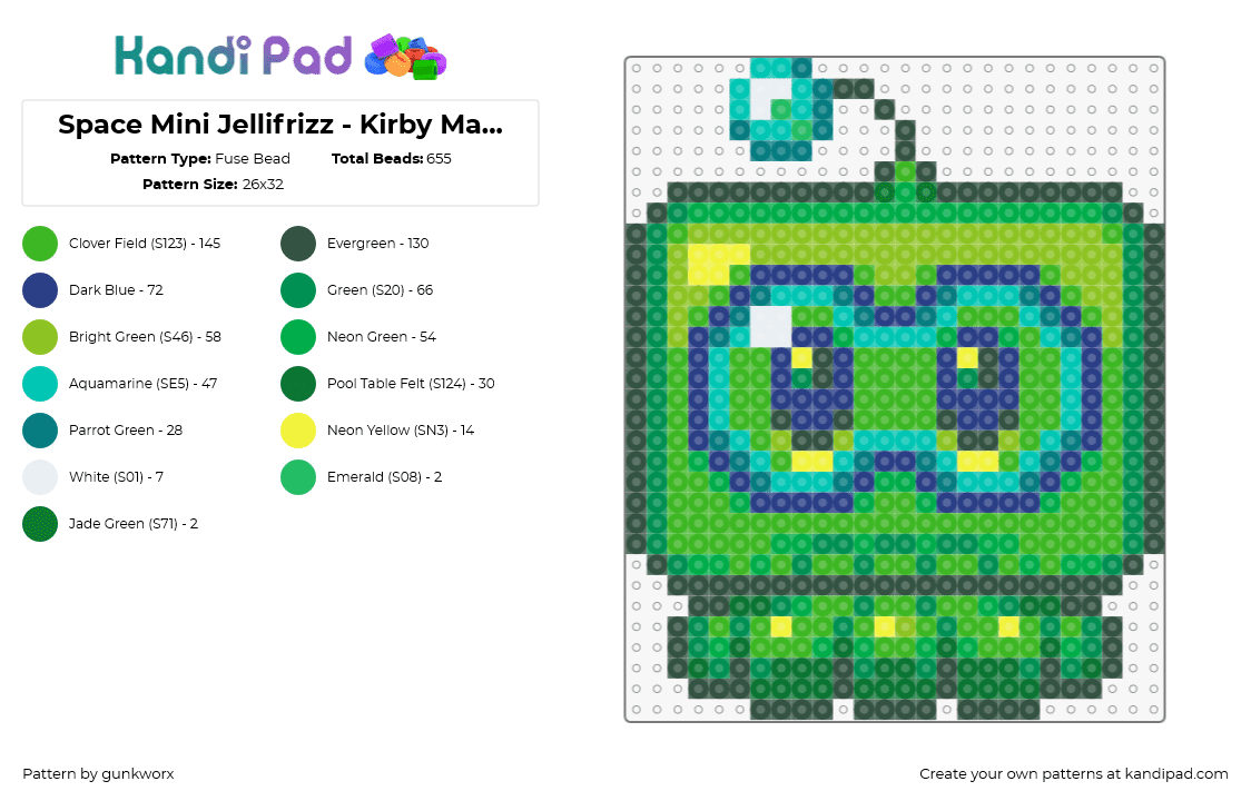 Space Mini Jellifrizz - Kirby Mass Attack - Fuse Bead Pattern by gunkworx on Kandi Pad - jellifrizz,kirby,nintendo,character,video game,green,teal,blue