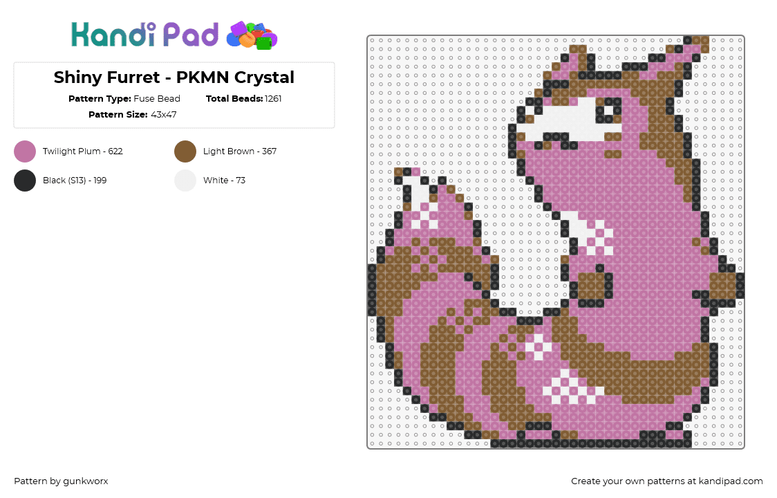 Shiny Furret - PKMN Crystal - Fuse Bead Pattern by gunkworx on Kandi Pad - furret,pokemon,character,gaming,brown,pink