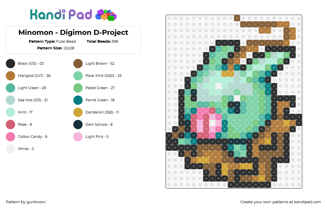 Minomon - Digimon D-Project - Fuse Bead Pattern by gunkworx on Kandi Pad - minomon,digimon,character,gaming,teal,brown,tan