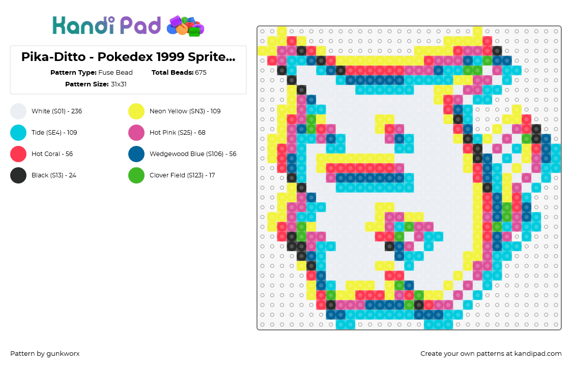 Pika-Ditto - Pokedex 1999 Sprite (Chroma) - Fuse Bead Pattern by gunkworx on Kandi Pad - pikachu,ditto,trippy,pokemon,colorful,gaming,white,light blue