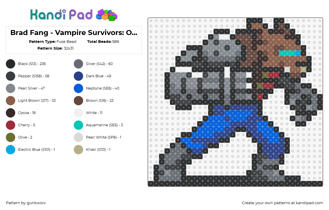 Brad Fang - Vampire Survivors: Operation Guns Sprite - Fuse Bead Pattern by gunkworx on Kandi Pad - brad fang,contra,vampire survivors,character,video game,werewolf,cyborg,retro,gray,blue,brown