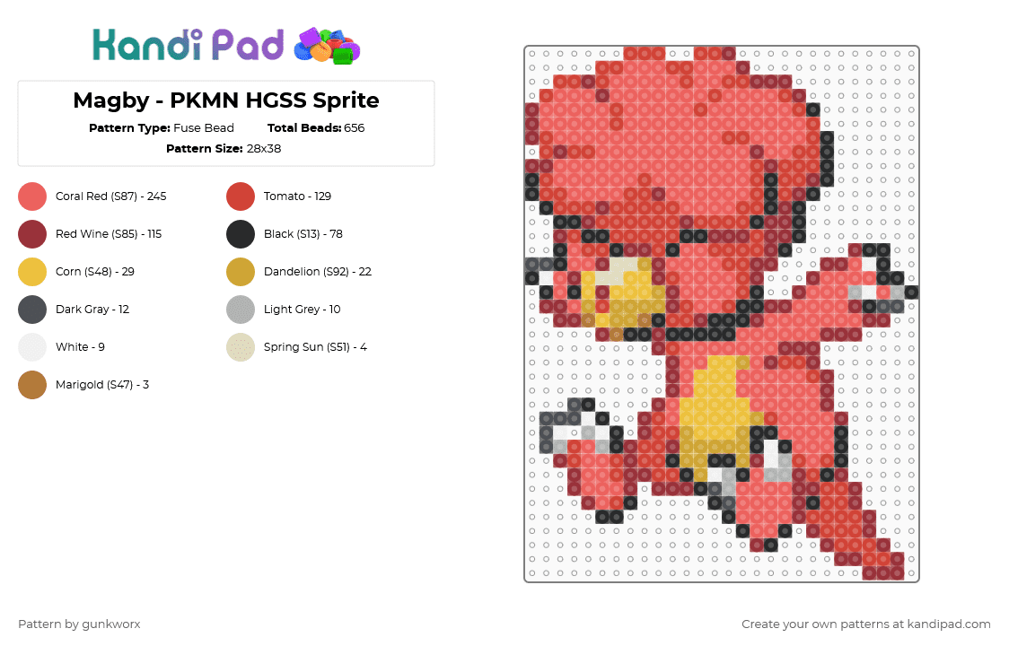 Magby - PKMN HGSS Sprite - Fuse Bead Pattern by gunkworx on Kandi Pad - babymon,game,gaming,video game,pokemon,red,magby,fire,cute