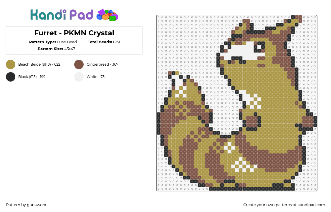 Furret - PKMN Crystal - Fuse Bead Pattern by gunkworx on Kandi Pad - furret,pokemon,character,gaming,brown,tan