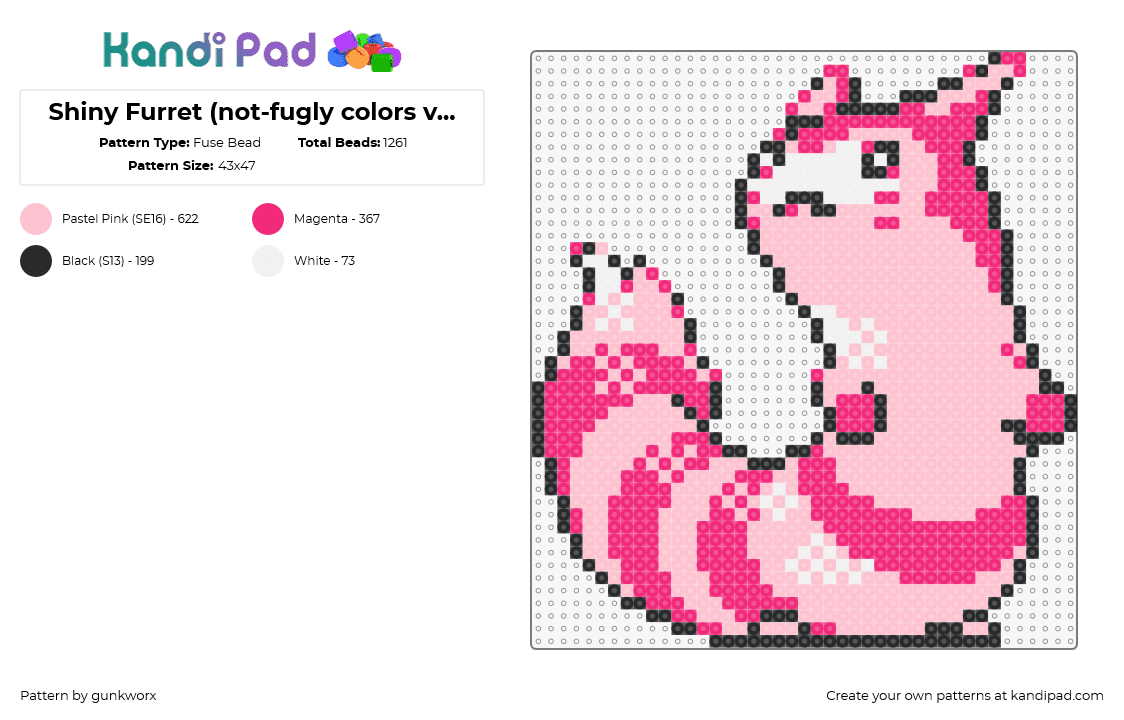 Shiny Furret (not-fugly colors version) - PKMN Crystal - Fuse Bead Pattern by gunkworx on Kandi Pad - furret,pokemon,character,gaming,pink