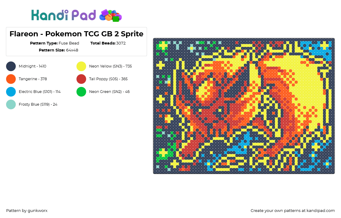 Flareon - Pokemon TCG GB 2 Sprite - Fuse Bead Pattern by gunkworx on Kandi Pad - flareon,pokemon,evolution,eevee,colorful,panel,fiery,gaming,orange,yellow