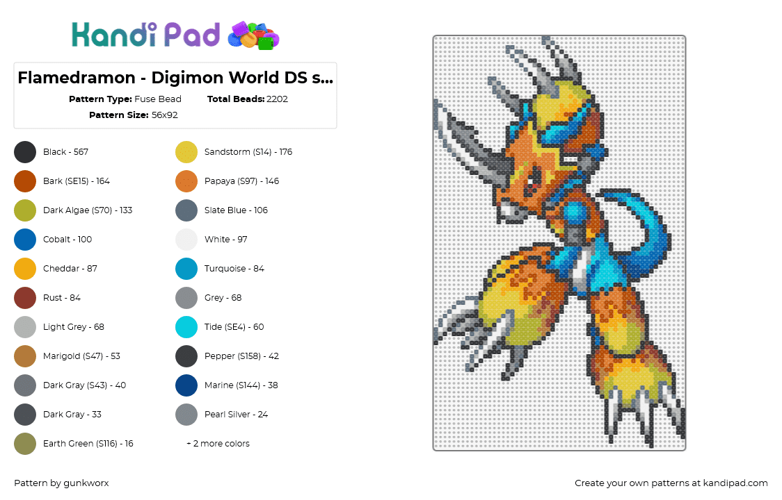 Flamedramon - Digimon World DS sprite (v1) - Fuse Bead Pattern by gunkworx on Kandi Pad - flamedramon,digimon,character,gaming,claws,armor,teal,orange,yellow