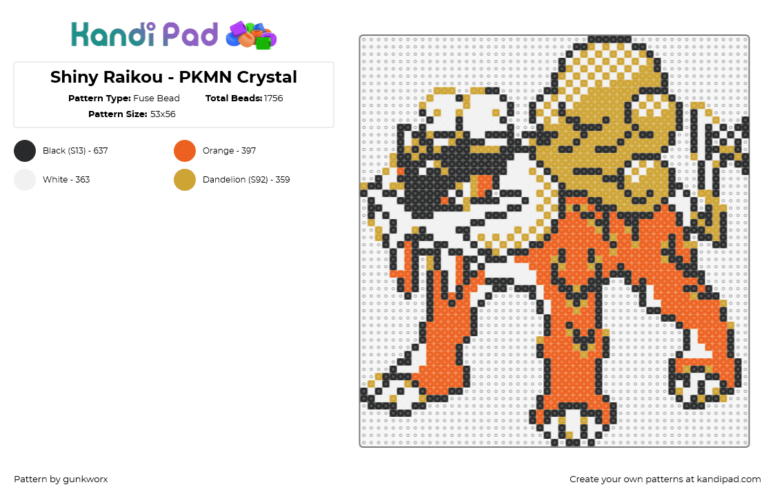 Shiny Raikou - PKMN Crystal - Fuse Bead Pattern by gunkworx on Kandi Pad - raikou,pokemon,character,gaming,orange