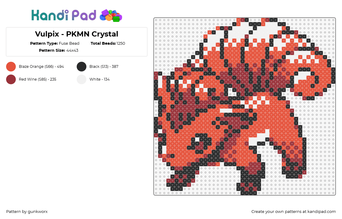 Vulpix - PKMN Crystal - Fuse Bead Pattern by gunkworx on Kandi Pad - vulpix,pokemon,character,gaming,red,orange