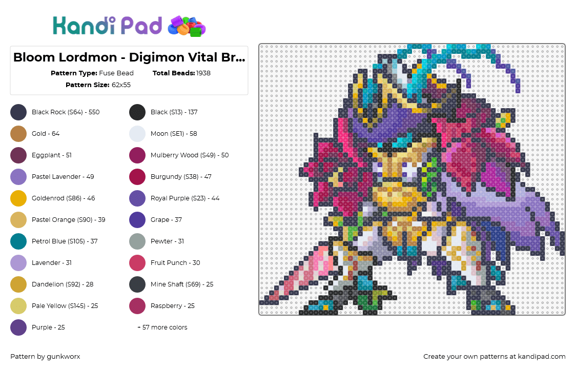 Bloom Lordmon - Digimon Vital Bracelet - Fuse Bead Pattern by gunkworx on Kandi Pad - bloom lordmon,digimon,character,gaming,floral,purple,pink,yellow,teal