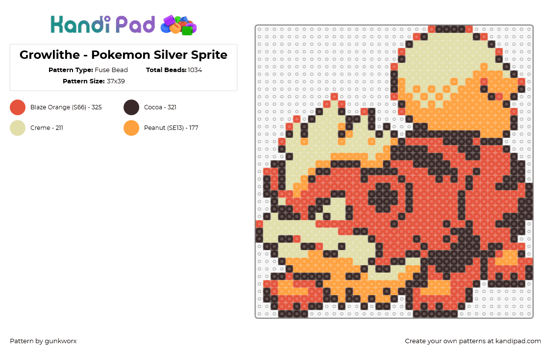 Growlithe - Pokemon Silver Sprite - Fuse Bead Pattern by gunkworx on Kandi Pad - growlithe,pokemon,character,gaming,cute,orange,tan