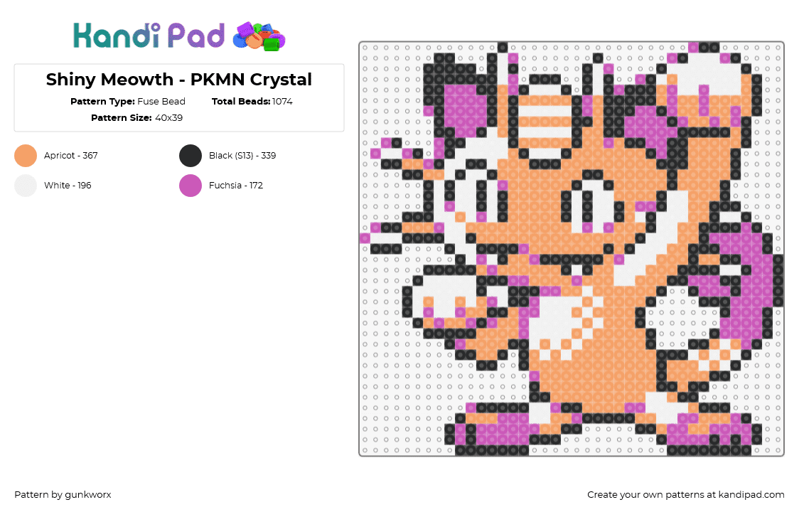 Shiny Meowth - PKMN Crystal - Fuse Bead Pattern by gunkworx on Kandi Pad - meowth,pokemon,character,gaming,cat,orange,tan,pink