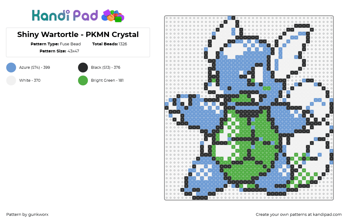 Shiny Wartortle - PKMN Crystal - Fuse Bead Pattern by gunkworx on Kandi Pad - wartortle,pokemon,character,gaming,evolution,squirtle,blue,green,white