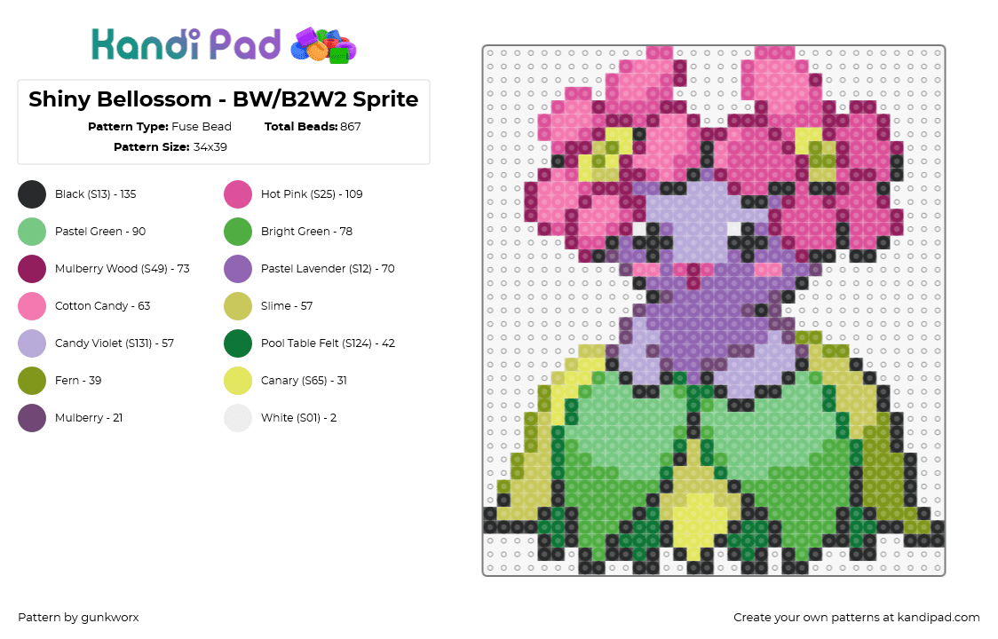 Shiny Bellossom - BW/B2W2 Sprite - Fuse Bead Pattern by gunkworx on Kandi Pad - bellossom,pokemon,character,cute,gaming,flowers,floral,pink,purple,green