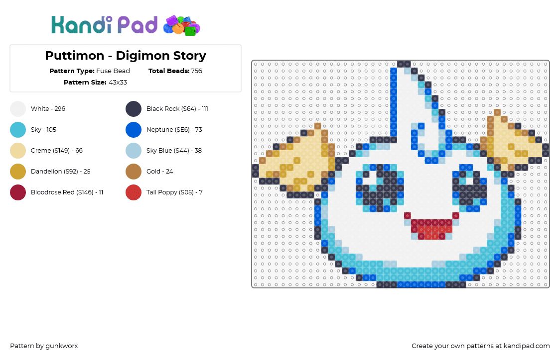 Puttimon - Digimon Story - Fuse Bead Pattern by gunkworx on Kandi Pad - puttimon,digimon,character,cute,gaming,white,light blue,tan