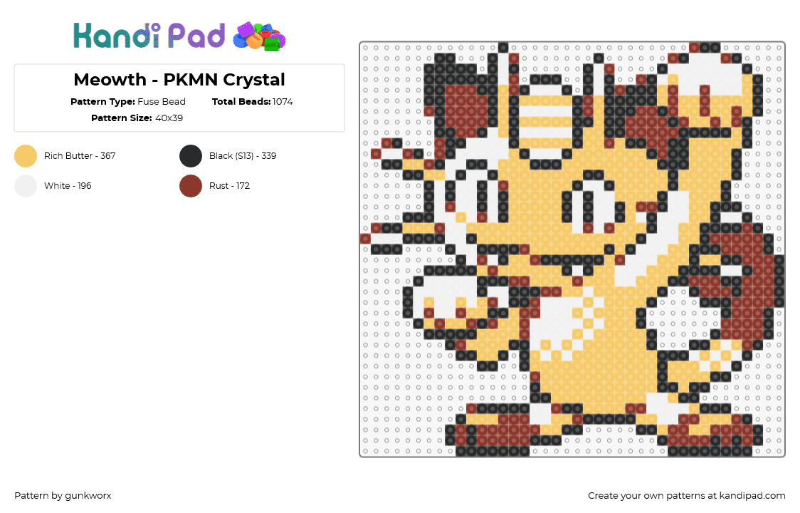 Meowth - PKMN Crystal - Fuse Bead Pattern by gunkworx on Kandi Pad - meowth,pokemon,character,gaming,cat,orange,tan,brown