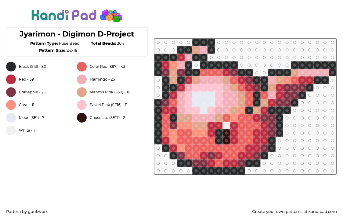 Jyarimon - Digimon D-Project - Fuse Bead Pattern by gunkworx on Kandi Pad - jyarimon,digimon,character,gaming,pink,red