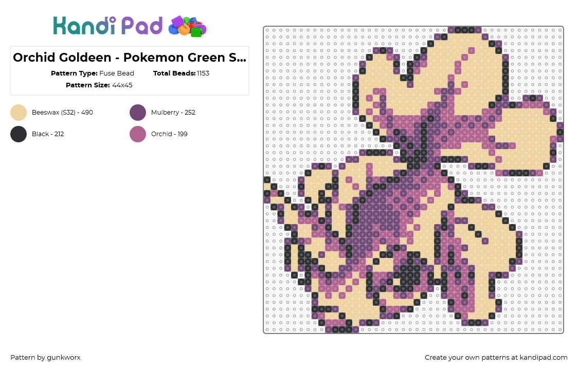 Orchid Goldeen - Pokemon Green Sprite - Fuse Bead Pattern by gunkworx on Kandi Pad - goldeen,pokemon,fish,character,gaming,classic,retro,nostalgia,yellow,tan,purple