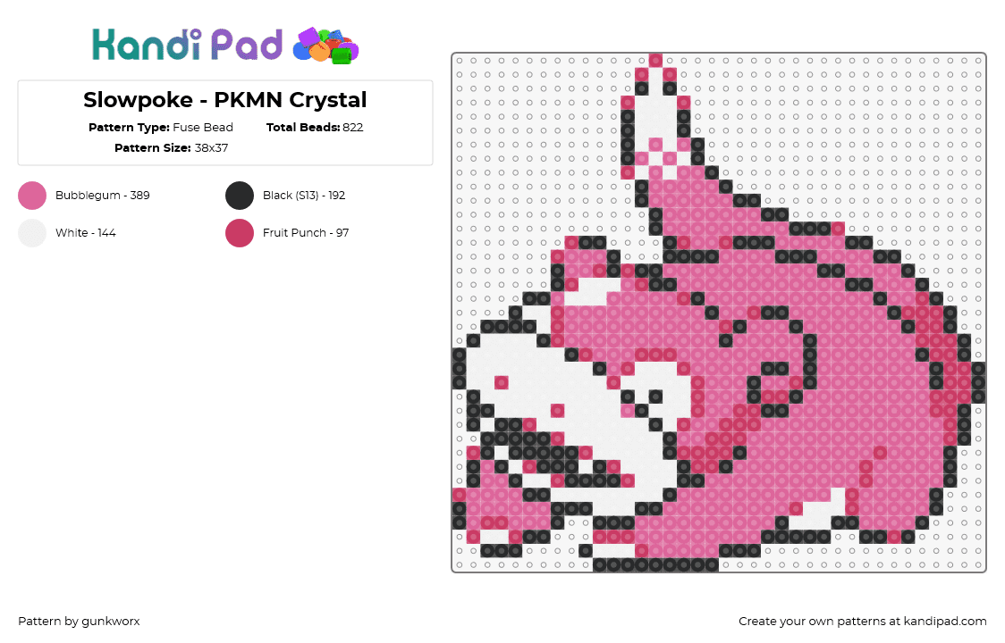 Slowpoke - PKMN Crystal - Fuse Bead Pattern by gunkworx on Kandi Pad - slowpoke,pokemon,character,gaming,pink,white