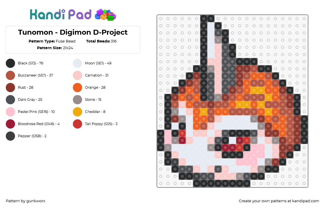 Tunomon - Digimon D-Project - Fuse Bead Pattern by gunkworx on Kandi Pad - tunomon,digimon,character,gaming,orange