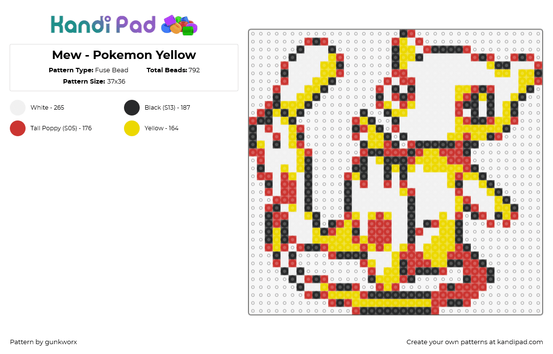 Mew - Pokemon Yellow - Fuse Bead Pattern by gunkworx on Kandi Pad - mew,pokemon,character,gaming,white,yellow,orange