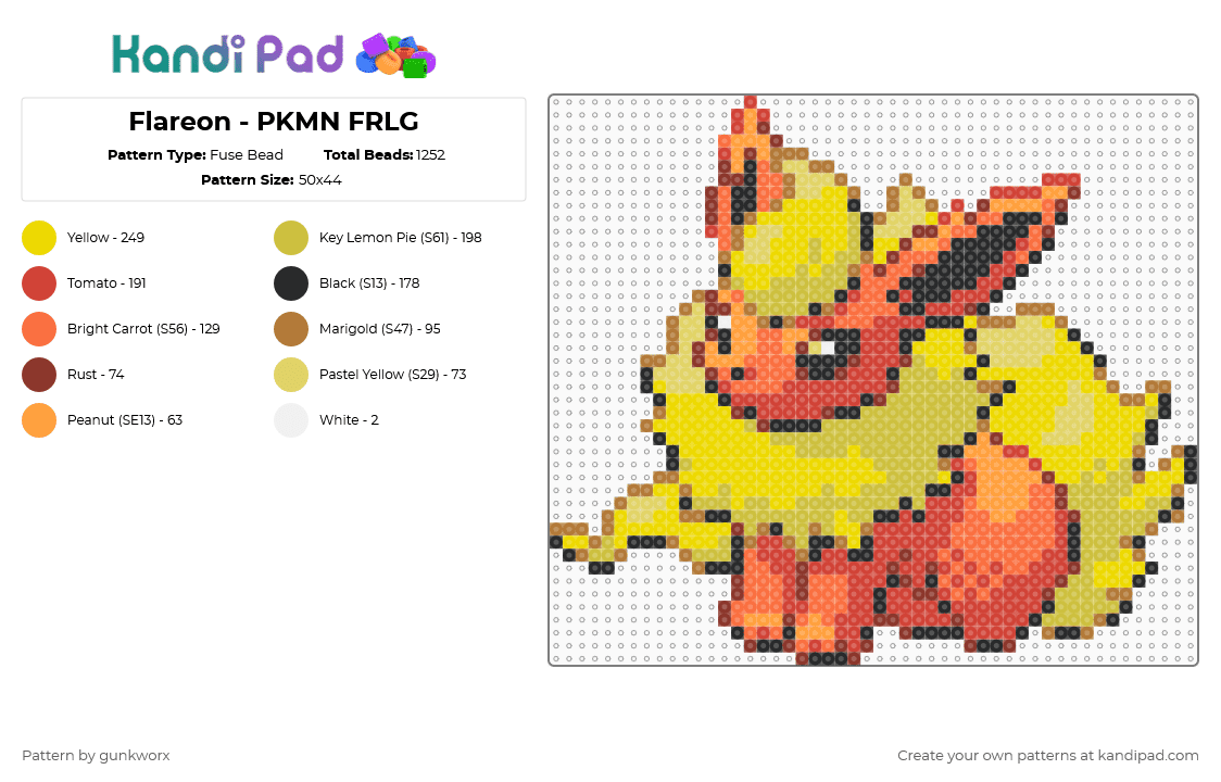 Flareon - PKMN FRLG - Fuse Bead Pattern by gunkworx on Kandi Pad - red,yellow,flareon,eeveelution,pokemon,orange