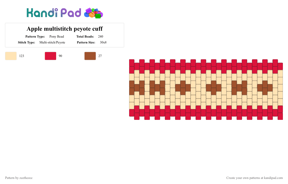 Apple multistitch peyote cuff - Pony Bead Pattern by zeethezee on Kandi Pad - red,beige,cotdorganic
