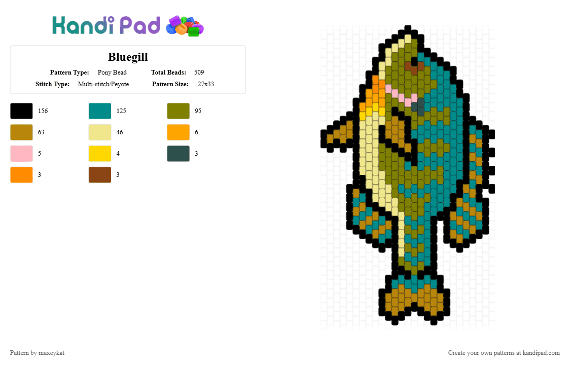 Bluegill - Pony Bead Pattern by maxeykat on Kandi Pad - brimfish, coppernose, fish, gold, sunny, sunnyfish, teal, yellow