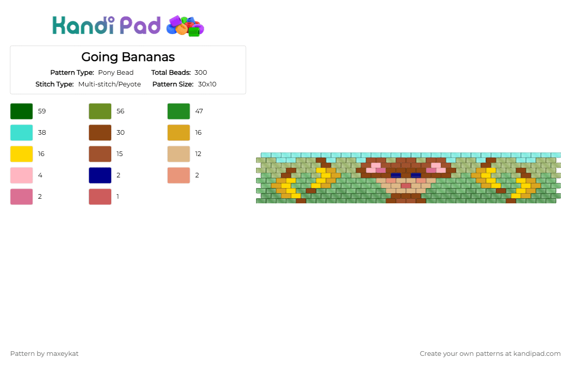 Going Bananas - Pony Bead Pattern by maxeykat on Kandi Pad - red,green,light blue,monkey,banana,jungle,monkey cuff,jungle cuff,banana cuff