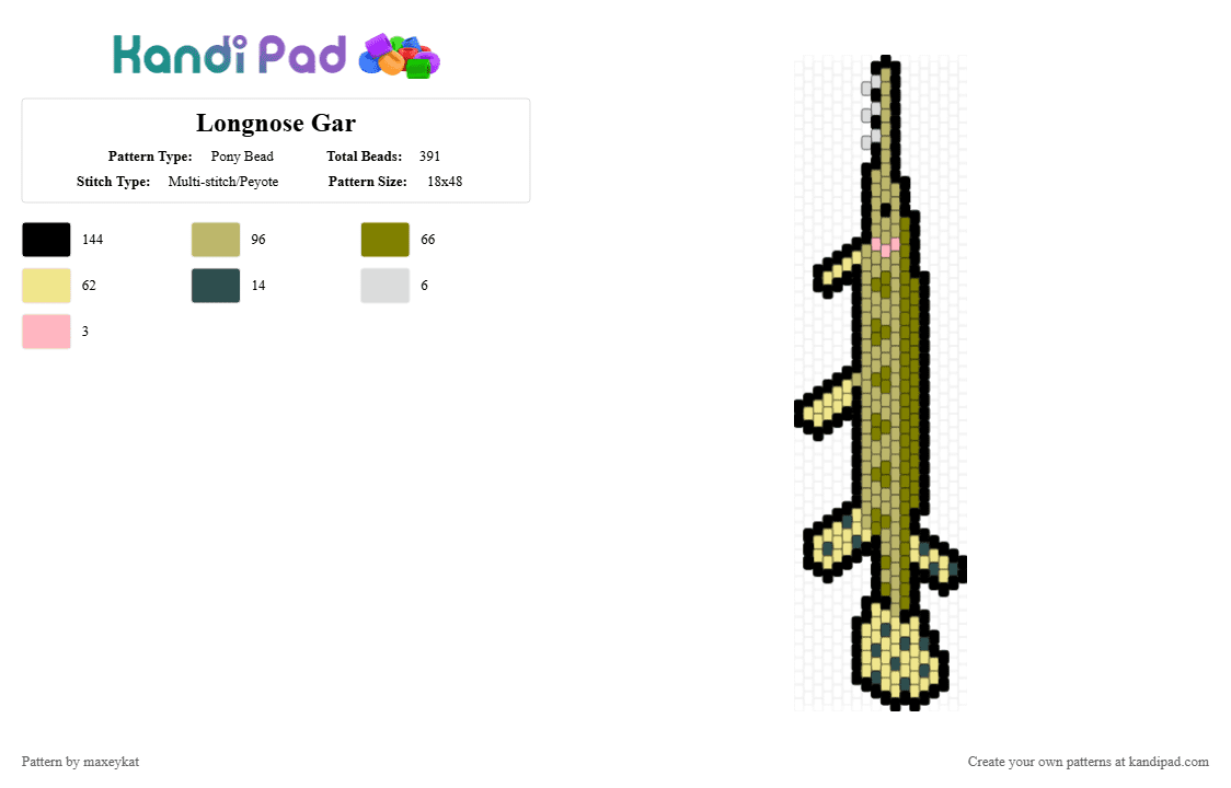 Longnose Gar - Pony Bead Pattern by maxeykat on Kandi Pad - beige, fish, gar, garfish, gold, long, longnosegar, yellow