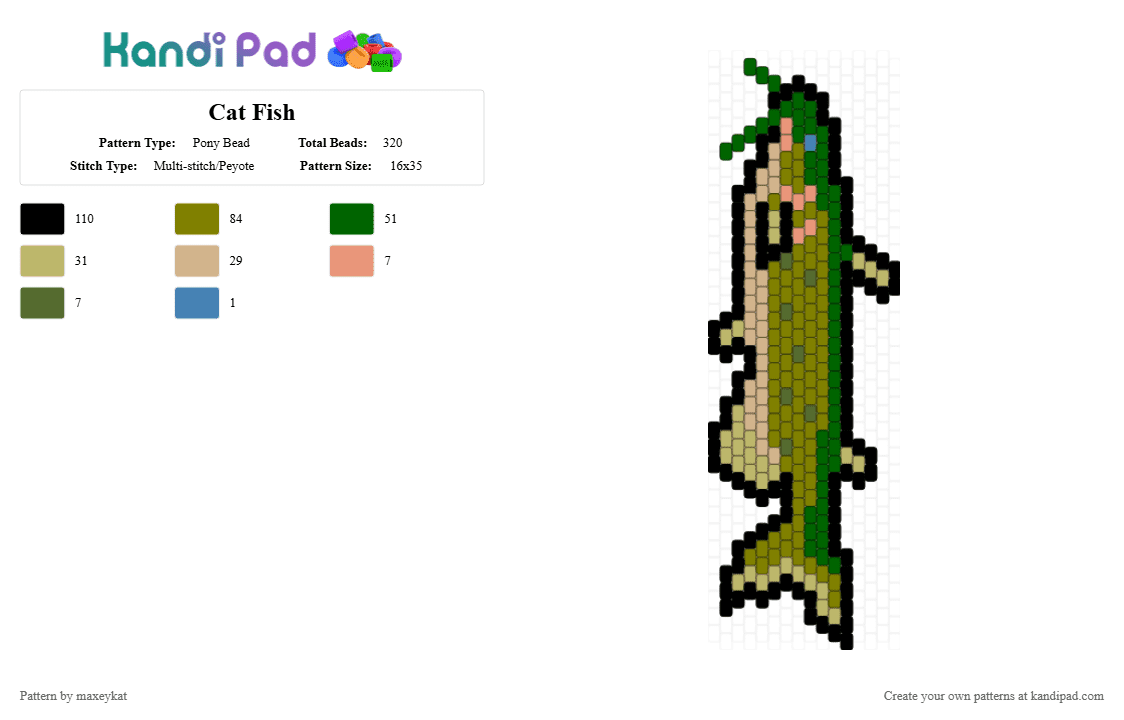 Cat Fish - Pony Bead Pattern by maxeykat on Kandi Pad - green,beige,gold,catfish,fish