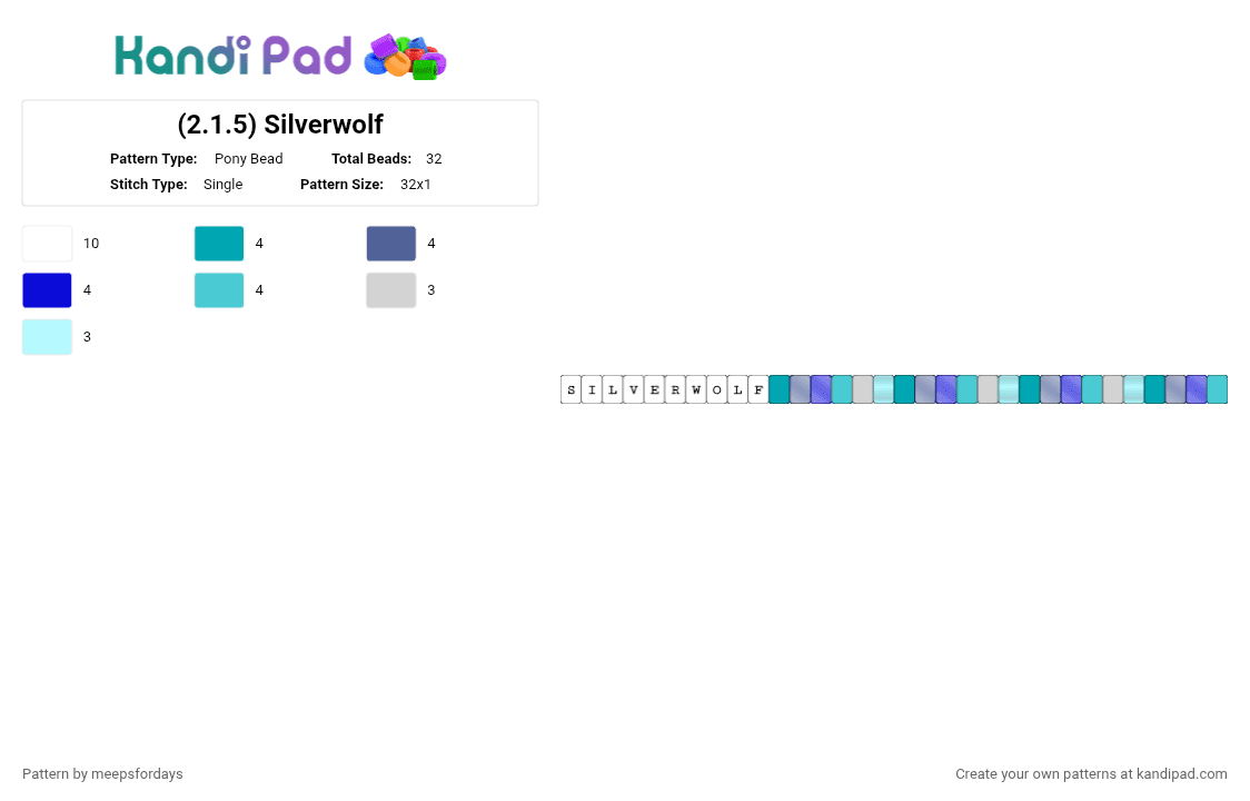 (2.1.5) Silverwolf - Pony Bead Pattern by meepsfordays on Kandi Pad - light blue