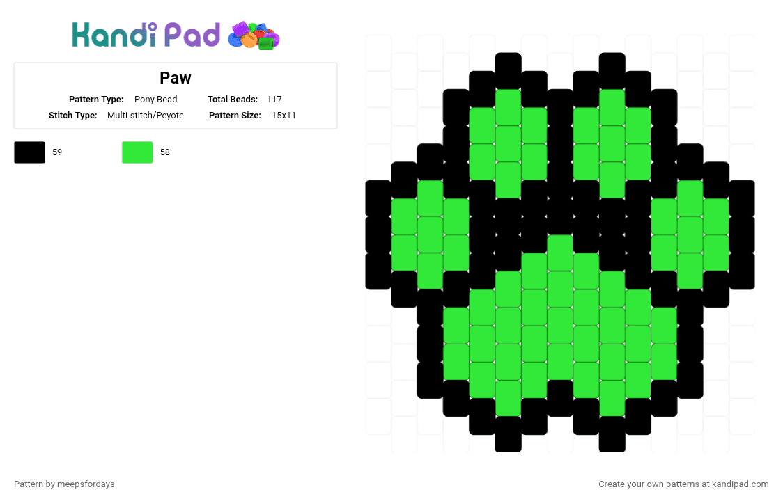 (6.2.4) Paw - Pony Bead Pattern by meepsfordays on Kandi Pad - black,green