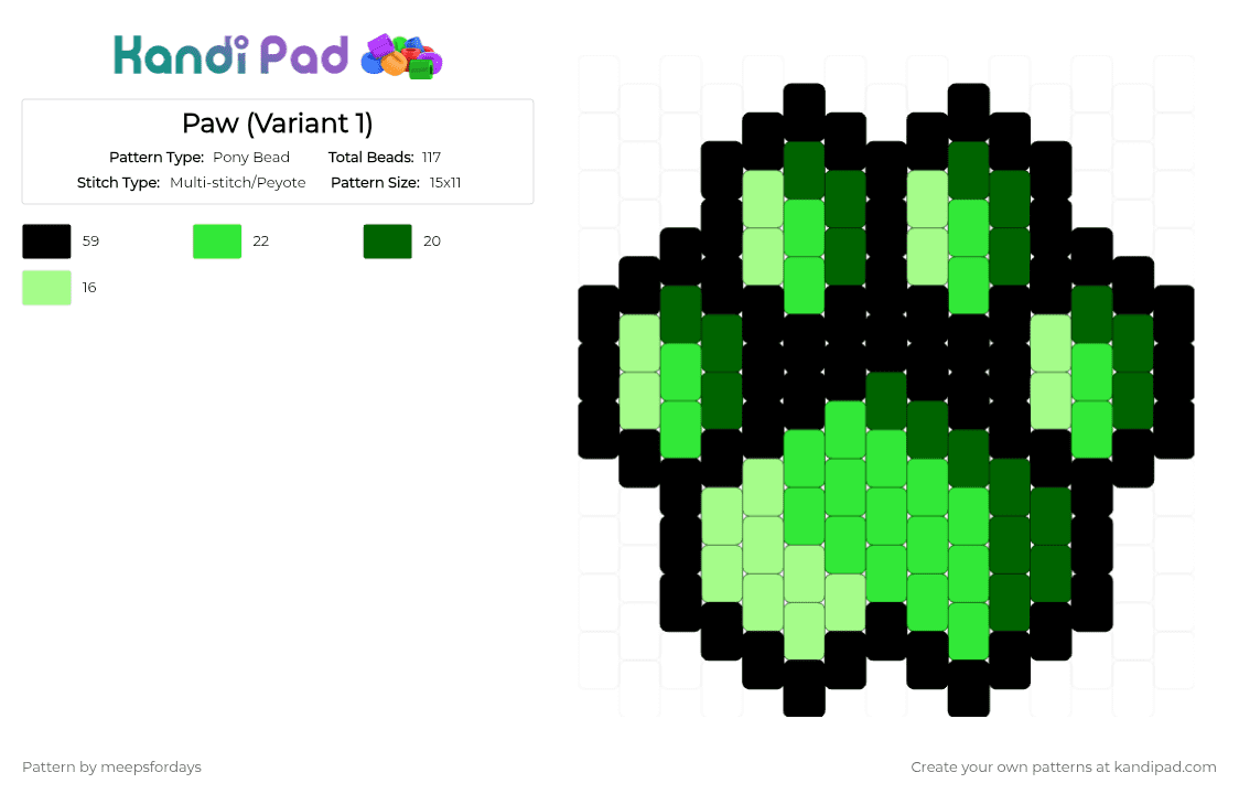 (6.2.4) Paw (Variant 1) - Pony Bead Pattern by meepsfordays on Kandi Pad - black,green