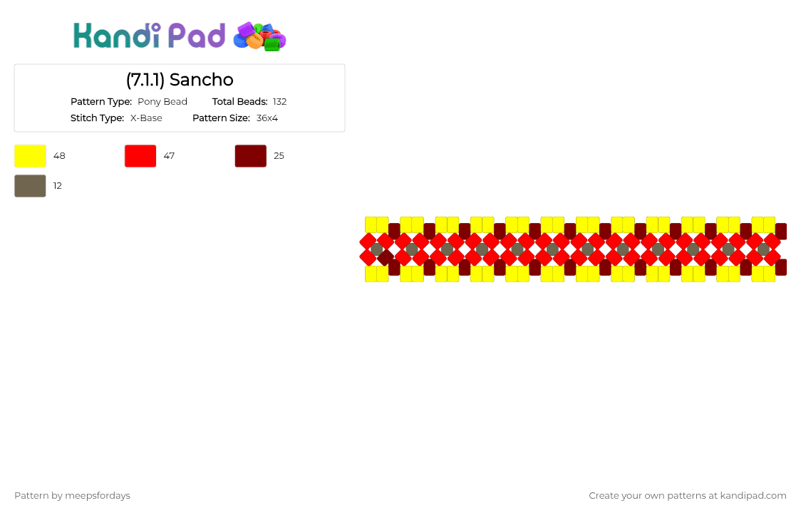 (7.1.1) Sancho - Pony Bead Pattern by meepsfordays on Kandi Pad - yellow,red