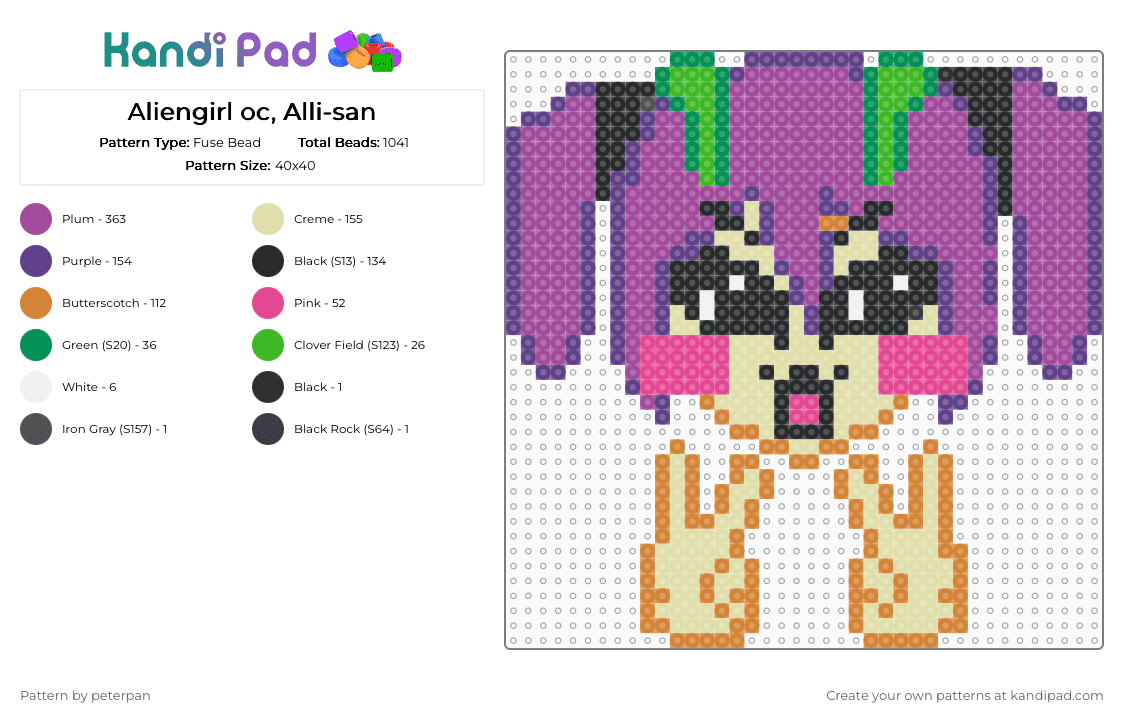 Aliengirl oc, Alli-san - Fuse Bead Pattern by deleted_user_323157 on Kandi Pad - pink
