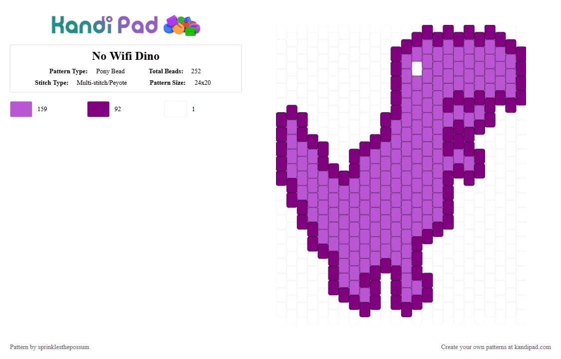 No Wifi Dino - Pony Bead Pattern by sprinklesthepossum on Kandi Pad - cute, dinosaur, pastel, pink