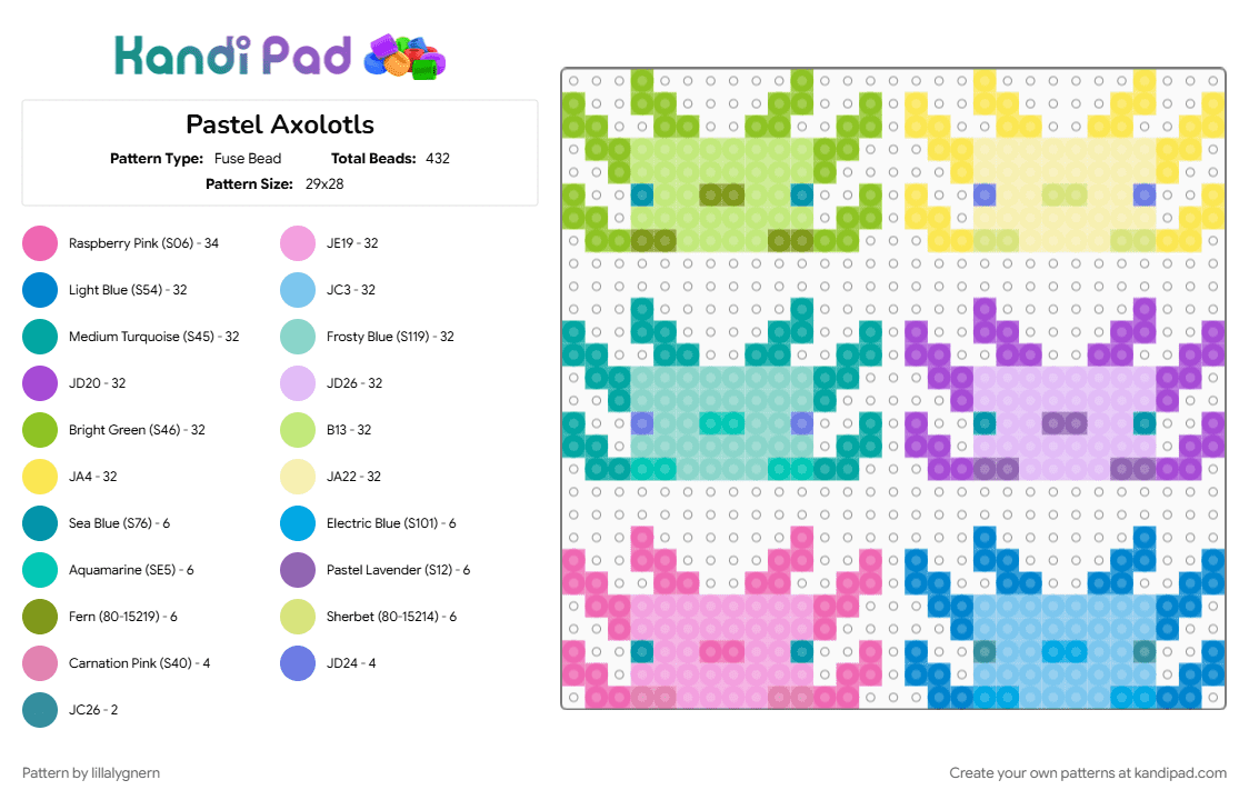 Pastel Axolotls - Fuse Bead Pattern by lillalygnern on Kandi Pad - axolotl, axolotls, colorful, light blue, pastel, pink, yellow